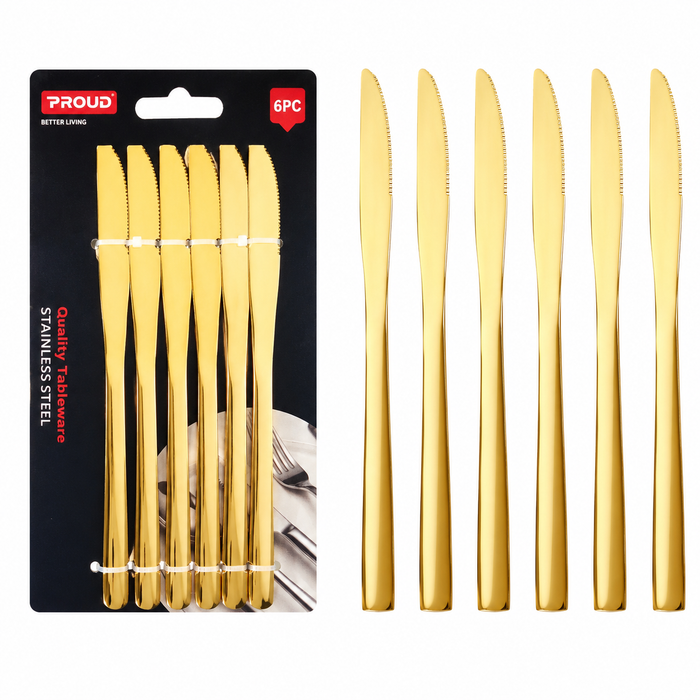 Proud Gold Stainless Steel Table Knife Set 6 Piece | Premium Dining Cutlery