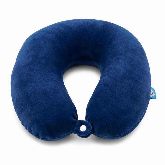 Blue Memory Foam Travel Neck Pillow with Snap Closure