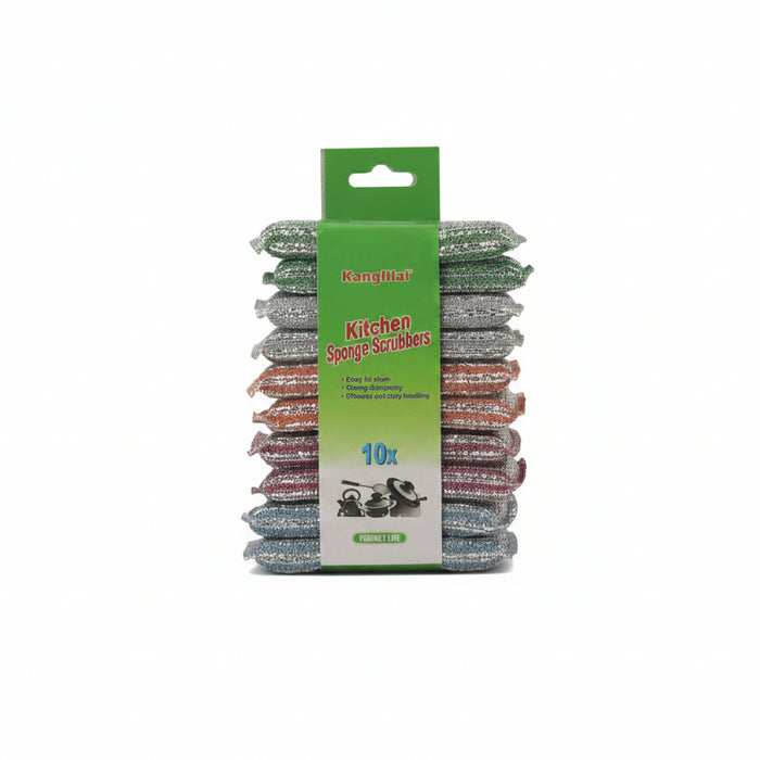 Kanglilai Kitchen Sponge Scrubbers 10 Pack – Multi-Colour Heavy Duty Scouring Pads for Pots, Pans & Dishes