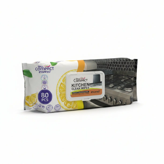 Invinio Compact Kitchen Clean Wipes Lemon Scent 80 Pack Multi-Surface Cleaning Wipes