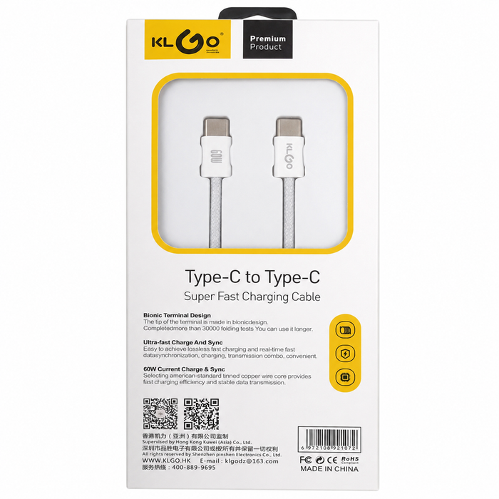 KLGO Type-C to Type-C 60W Super Fast Charging Cable
