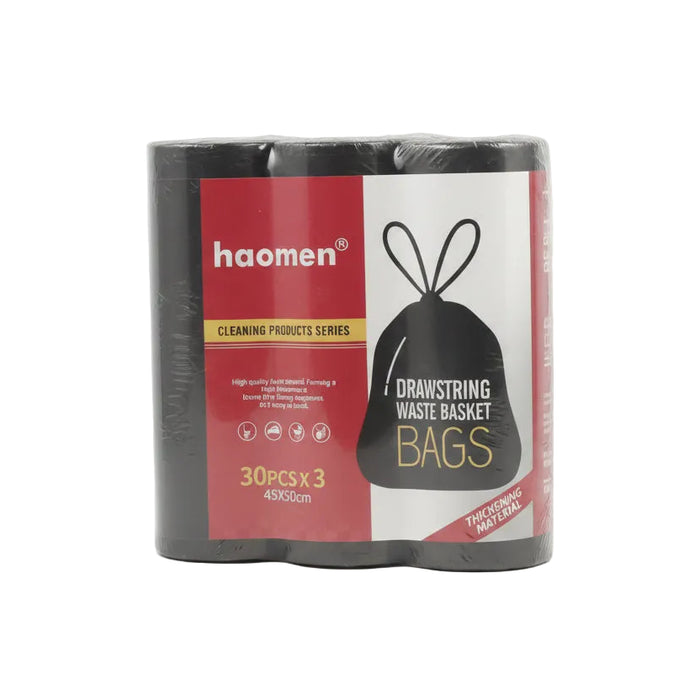 Haomen Drawstring Waste Basket Bags 45 x 50cm Black | 30 Bags x 3 Rolls | Heavy Duty Trash Bags