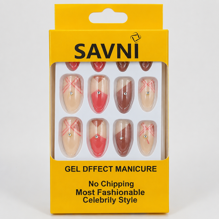 SAVNI Gel Effect Press-On Nails – Nude, Pink & Mocha Rhinestone Design