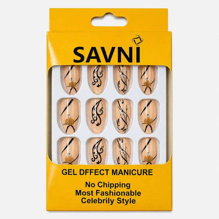 SAVNI Gel Effect Manicure Press-On Nails – Nude with Black Abstract Design