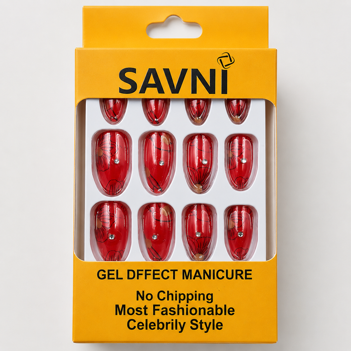 SAVNI Gel Effect Manicure Press-On Nails – Red Floral Design