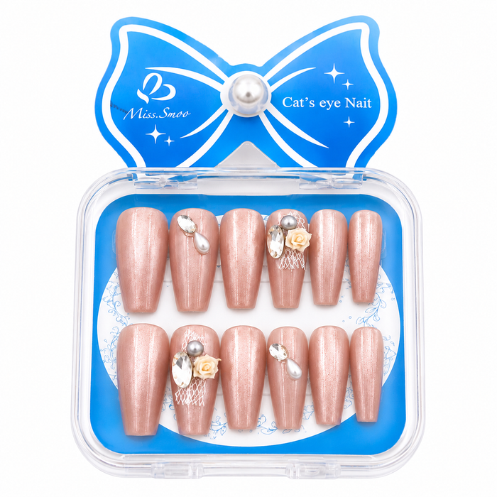Miss.Smoo Cat's Eye Nail – Nude Floral Press-On Nail Set