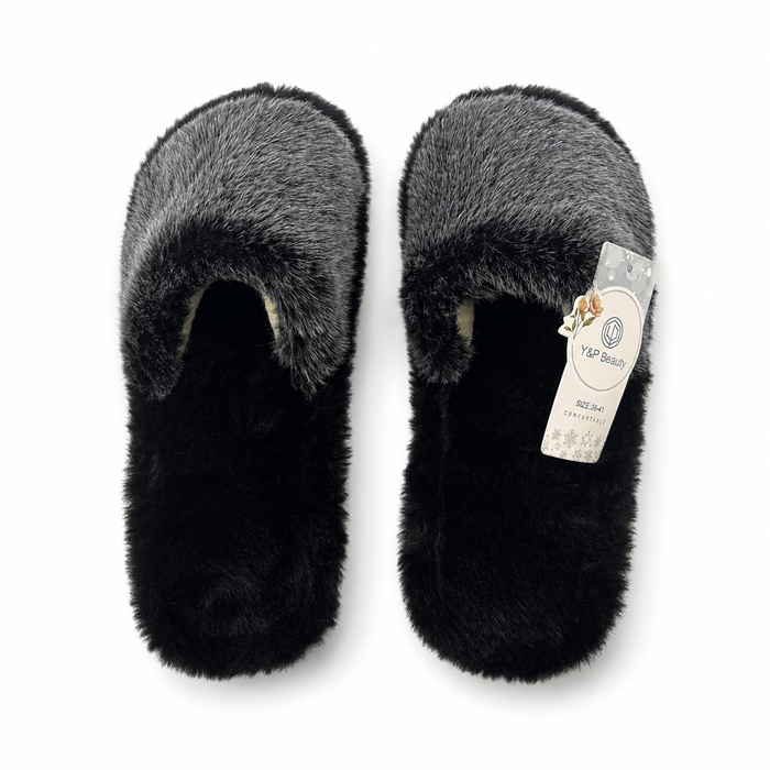 Y&P Beauty Fluffy Open-Toe Slippers – Black & Grey