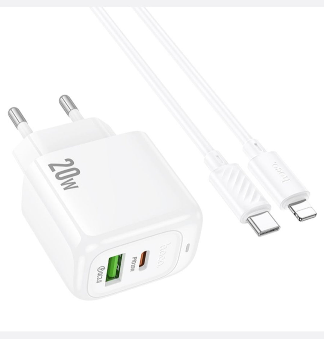 Hoco Fast Charger 20W Dual Ports with USB-C To IP 1m Cable for iPhone - CS54A